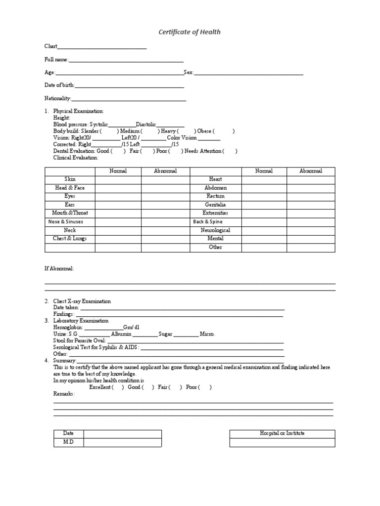 Certificate of Health PDF Physical Examination Clinical Medicine