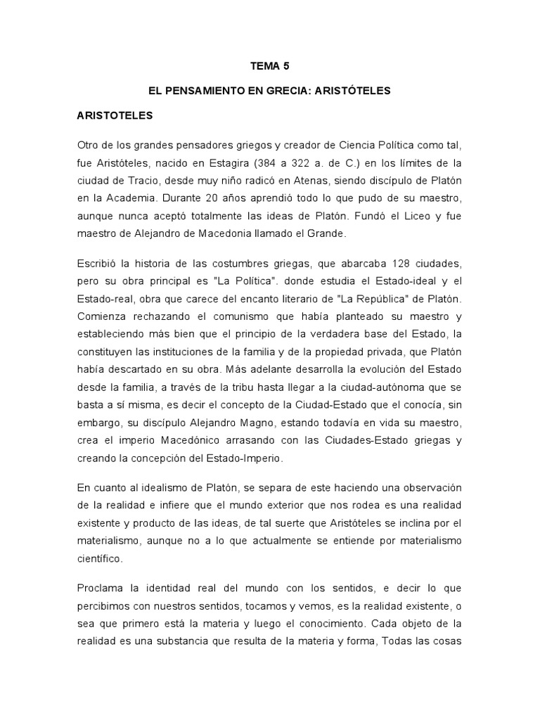 Tema 5 El Pensamiento Griego | PDF | Aristóteles | Gobierno