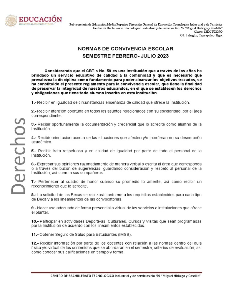 Normas de Convivencia CBTis 59 2023 | PDF