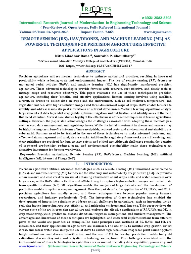 UAVs and Remote Sensing in Agriculture | PDF | Agriculture | Machine ...