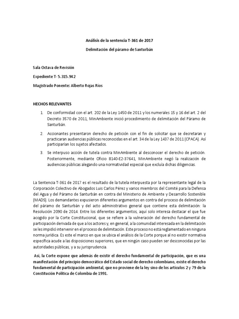 Análisis de La Sentencia T - 361 de 2017 | PDF | Derecho Constitucional