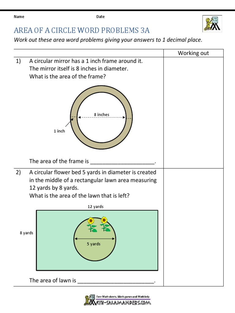 Area of A Circle Word Problems 3a | PDF | Area | Inch