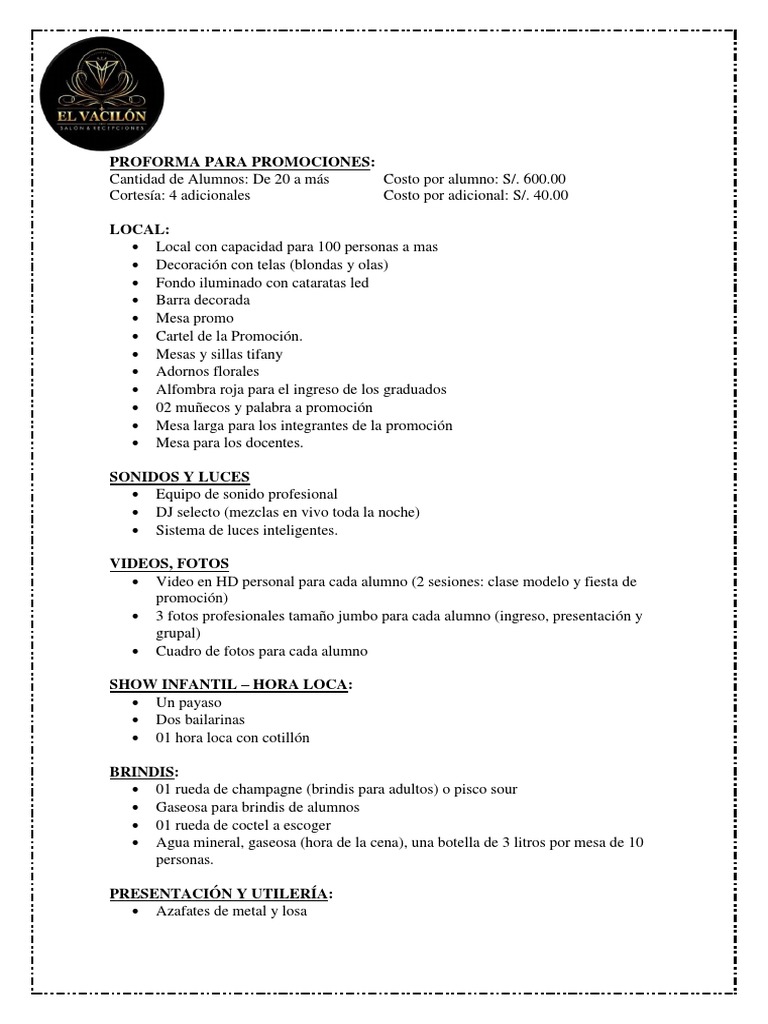 Proforma para Fiesta de Promoción 2022 | PDF | Preparación de comida y ...
