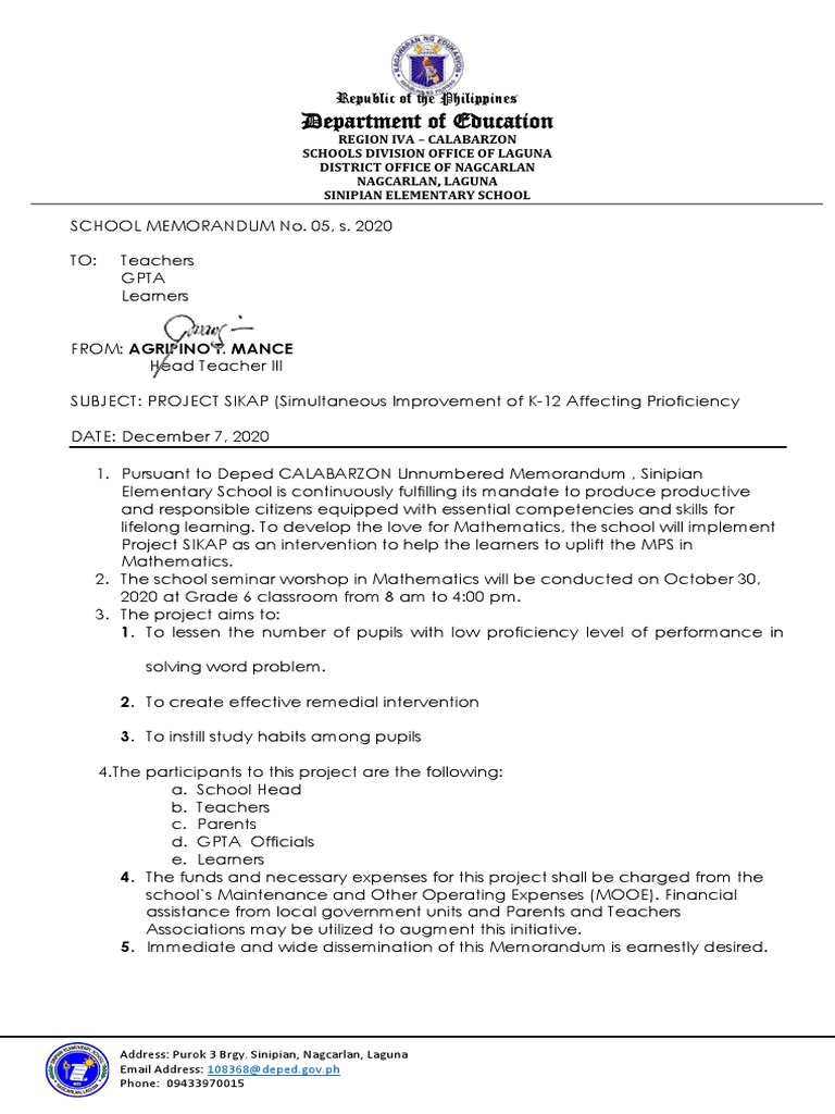 Project SIKAP Implementation Memo | PDF | Social Science | Wellness