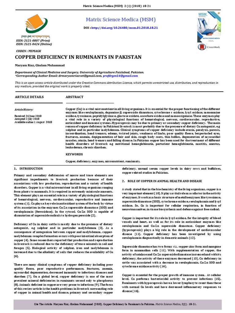 Copper Deficiency in Ruminants in Pakistan PDF Superoxide Dismutase