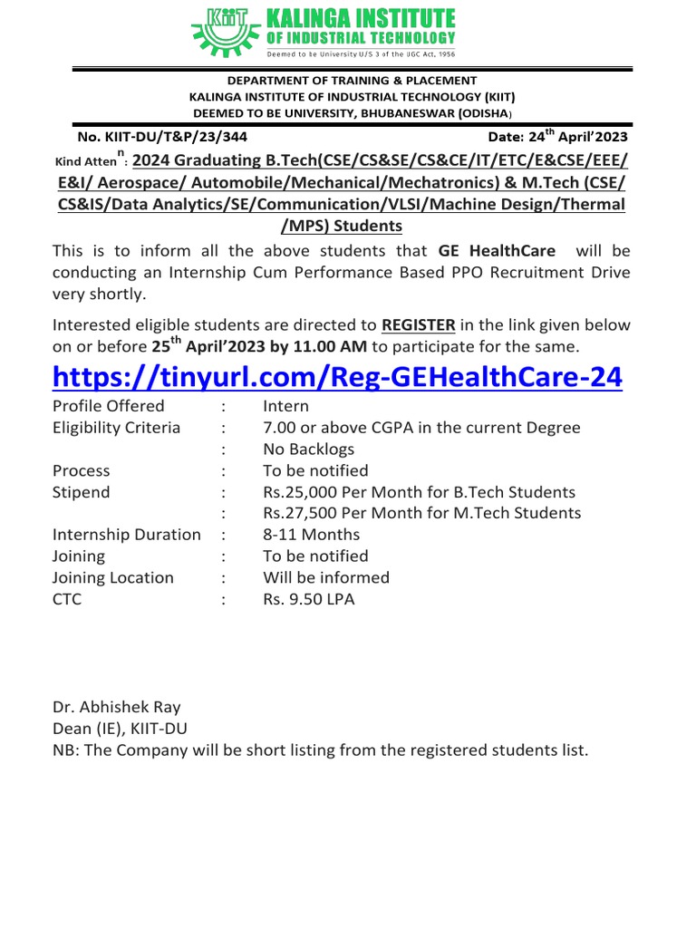 Registration For GE HealthCare Internship Recruitment Drive For 2024