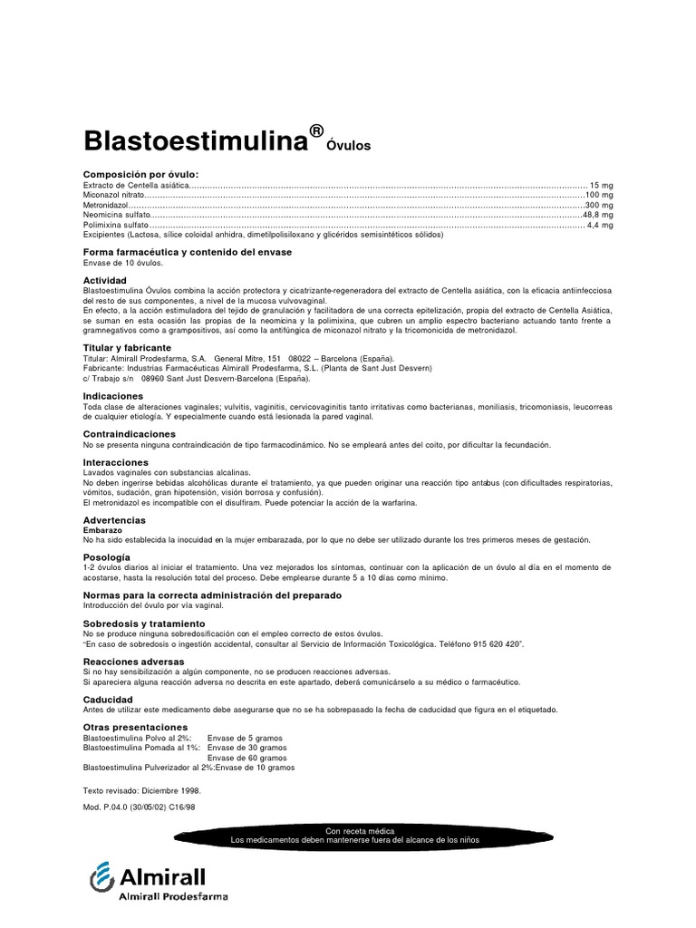 Blastoestimulina Óvulos PDF Medicamentos con receta Medicina CLINICA