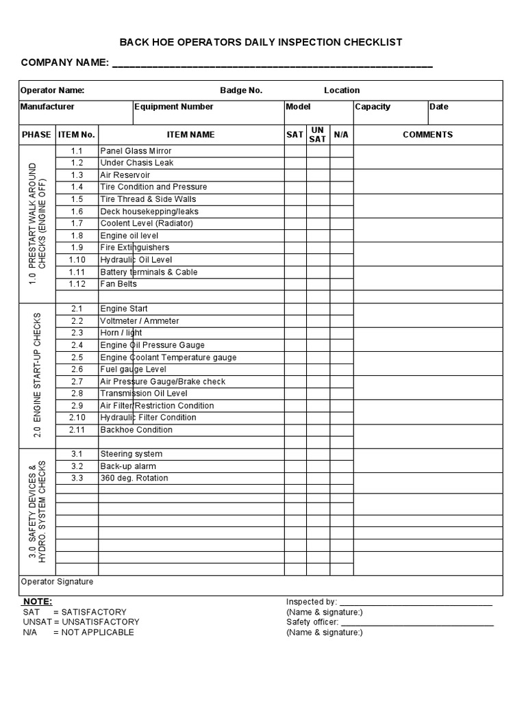Daily Backhoe Inspection Checklist | PDF | Vehicles | Transport