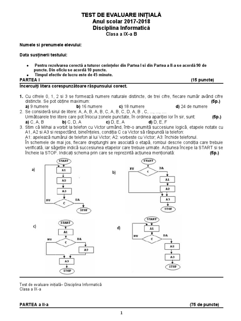 TEST DE EVALUARE INIȚIALĂ 2. CL 9 | PDF