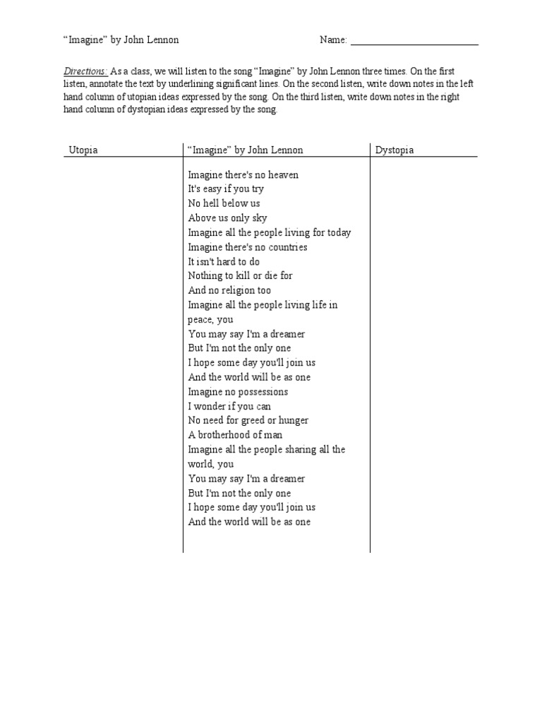 Directions as a class we will listen to the song imagine by john