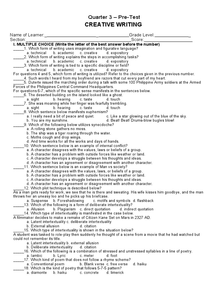 Pre-Test in Creative Writing FInal | PDF | Poetry | Intertextuality