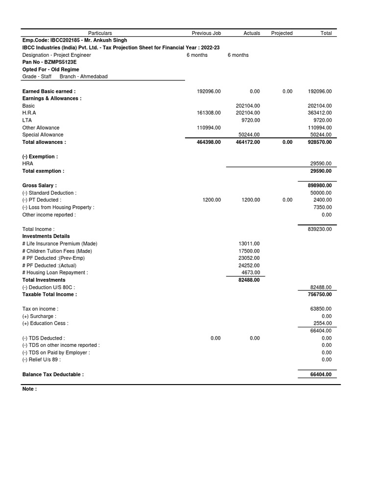 Tax Projection Sheet for Ankush Singh, Project Engineer at IBCC