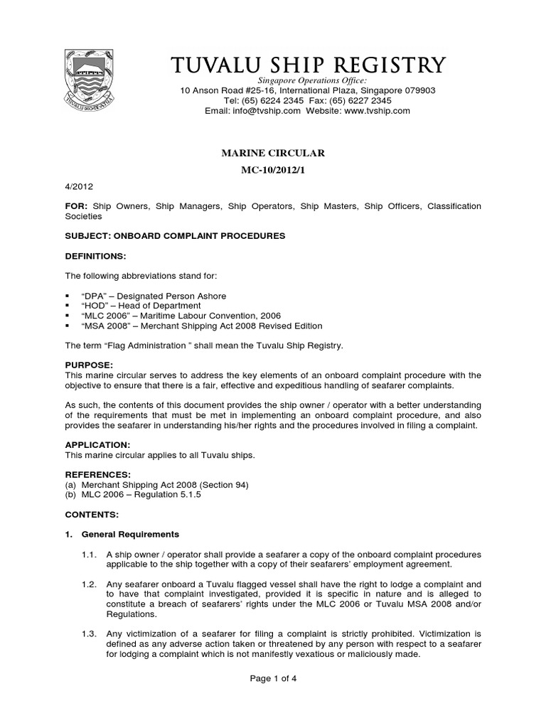 OnBoard Complaint Procedures, Marine Circular MC-102012 | PDF