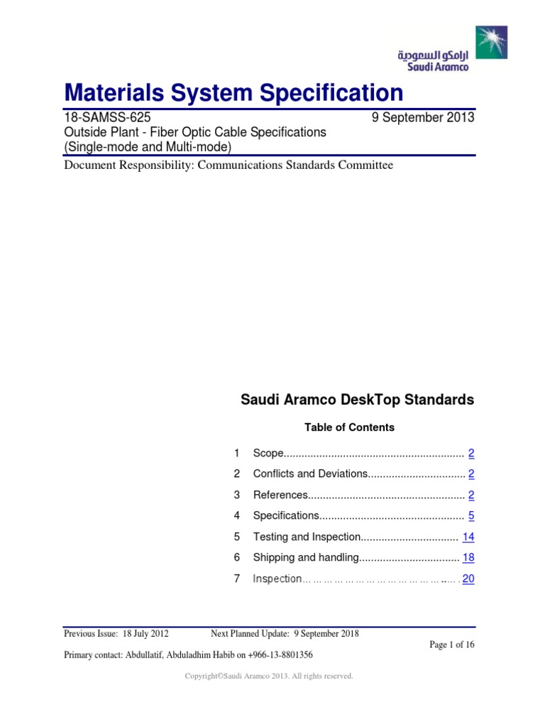 18SAMSS625 Outside Plant Fiber Optic Cable Specifications (Single