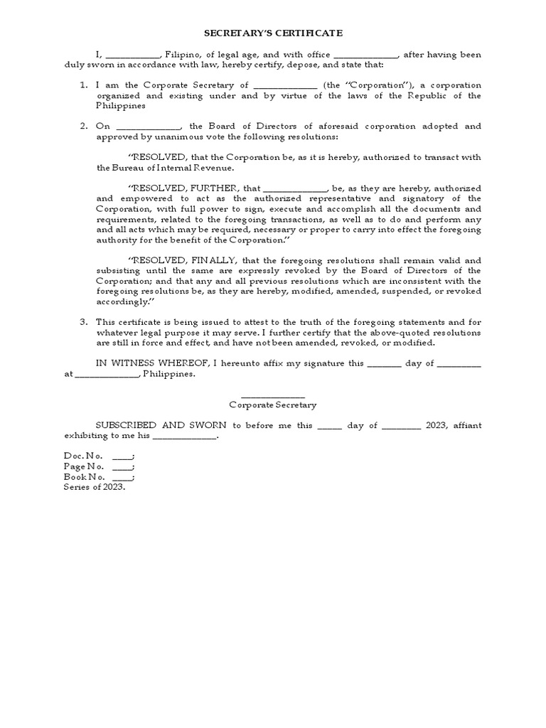 Sample sec cert bir pdf