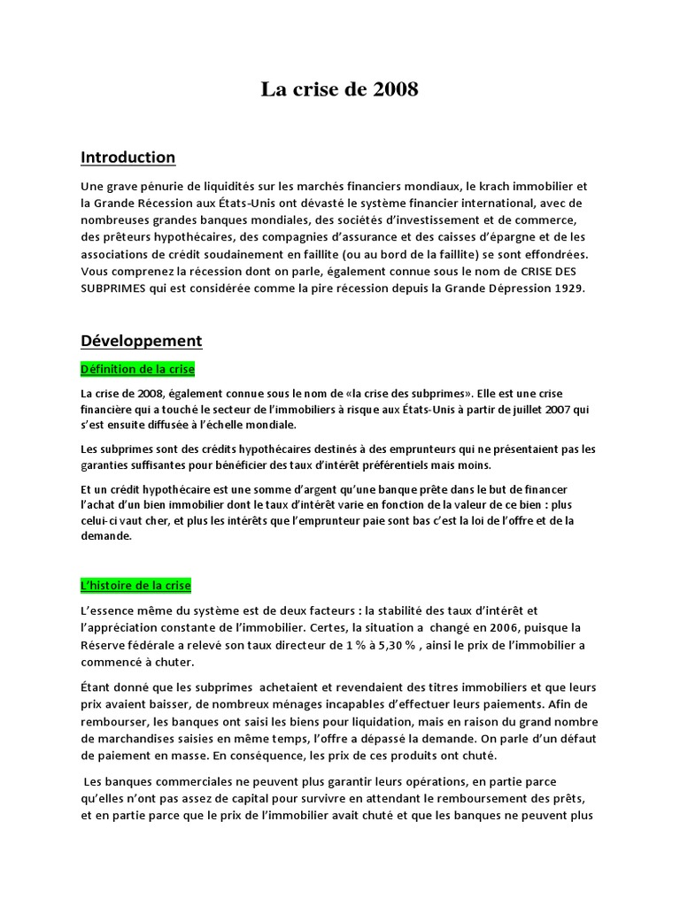 Crise financière de 2008 : Causes et impacts | PDF | Crise des ...