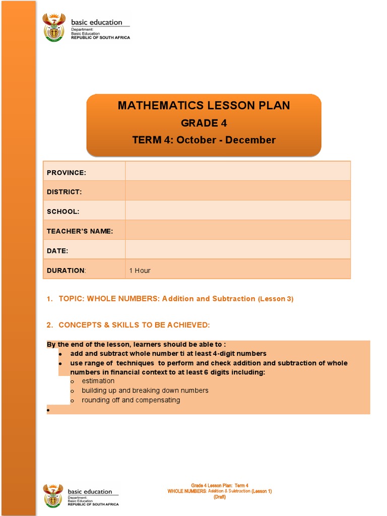 Mathematics Lesson Plan: Grade 4 TERM 4: October - December | PDF ...