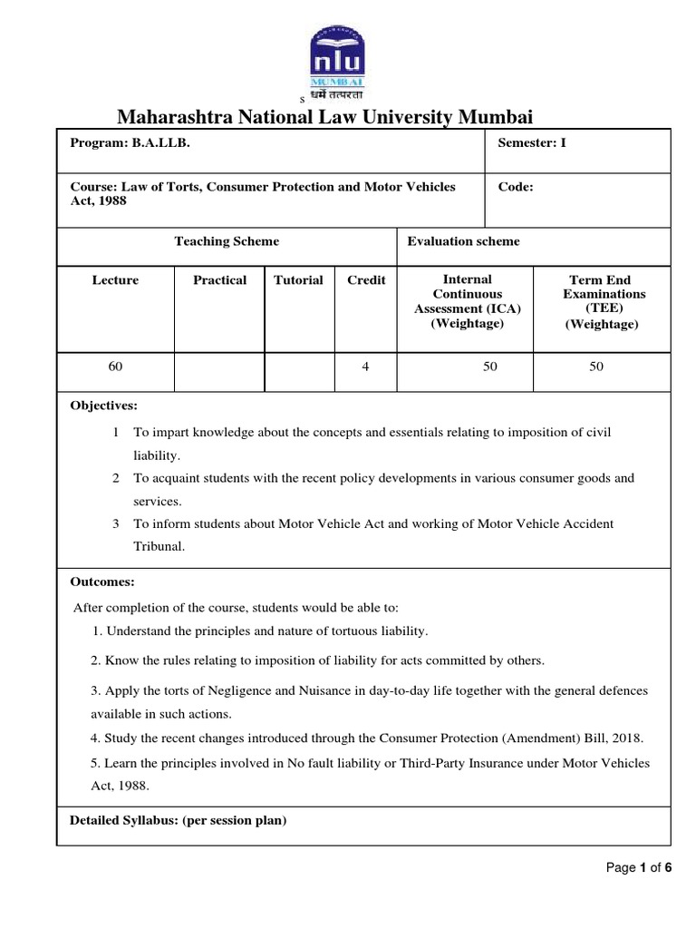 Law of Torts, Consumer Protection and Motor Vehicles Act An Overview