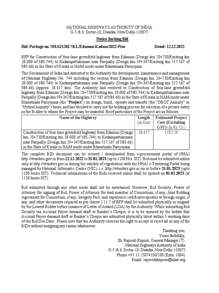 Name of The Highway Length (In KM) Estimated Project Cost (Excluding