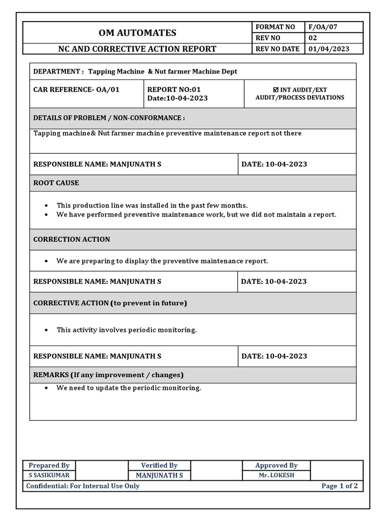Corrective Action Report for Maintenance Issues | PDF