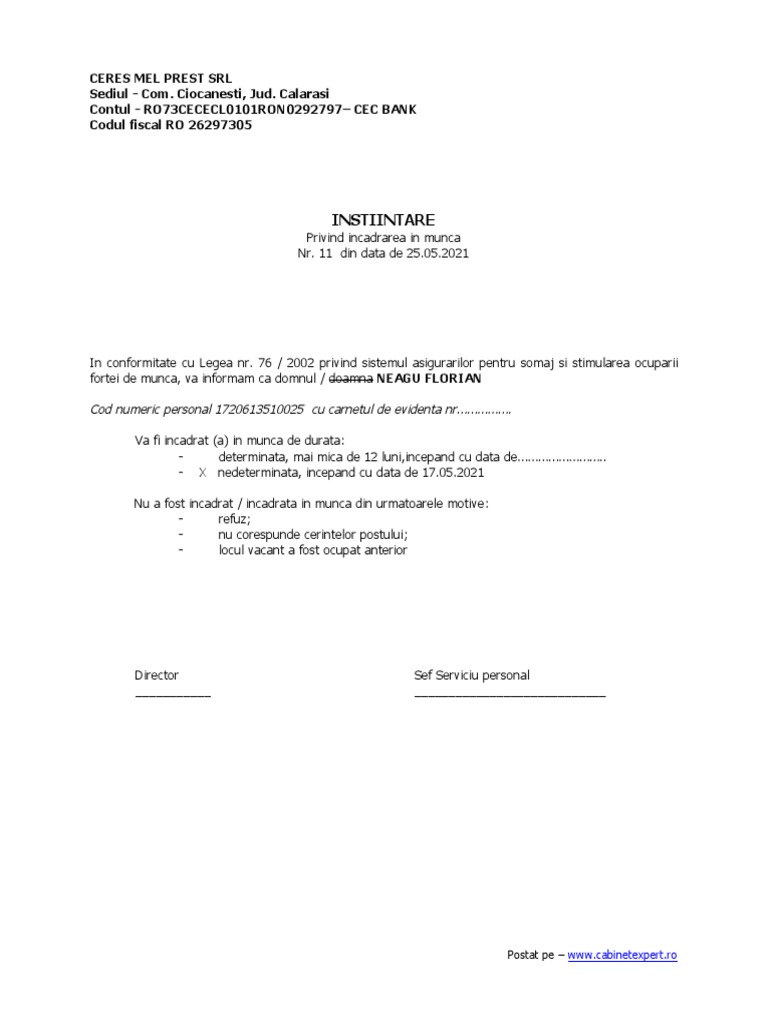 Instiintare Incadrare | PDF