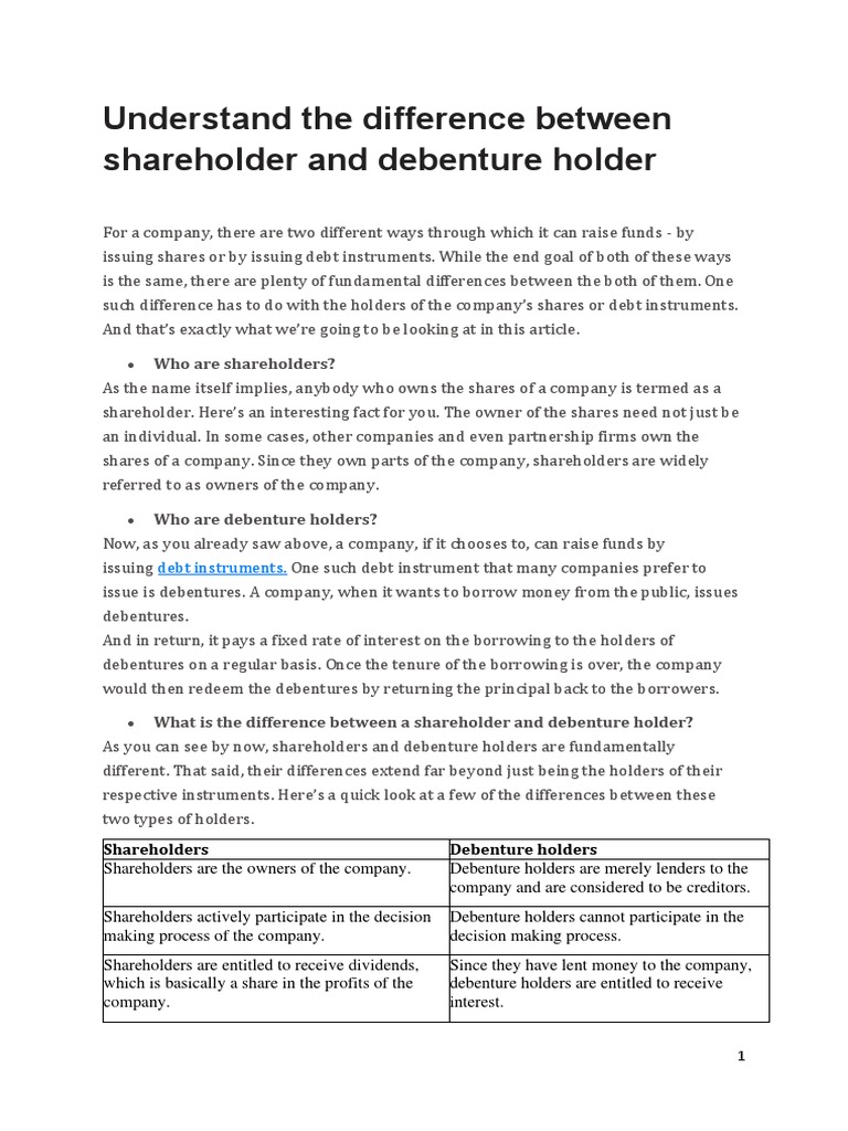 Understand The Difference Between Shareholder and Debenture Holder