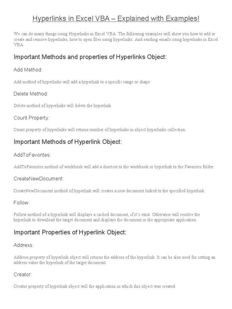 Excel VBA Hyperlinks: Methods & Examples | PDF