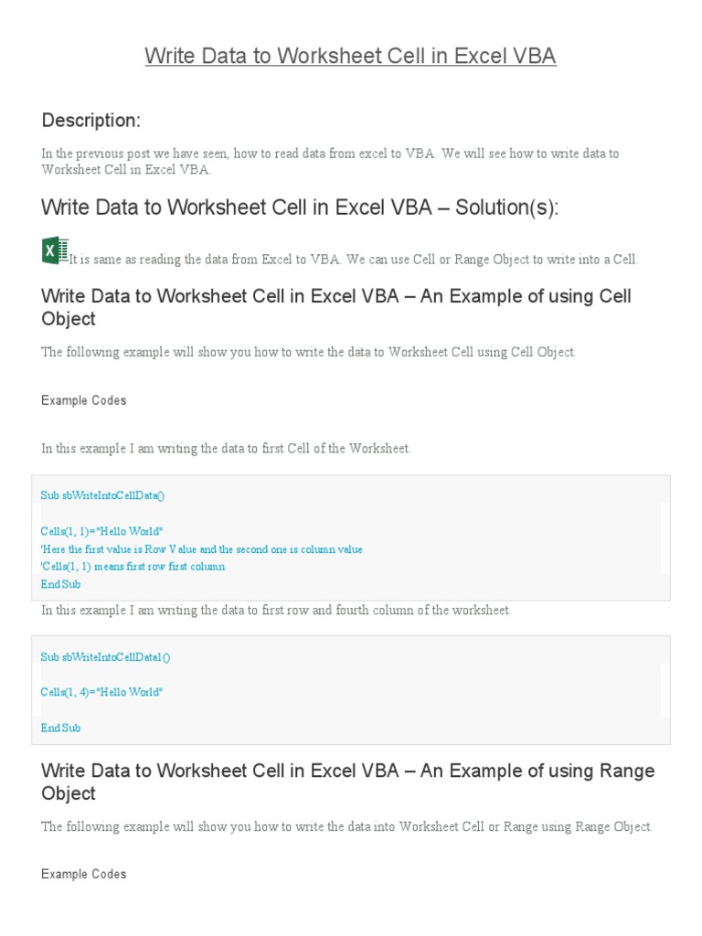 Write Data to Excel Cells with VBA | PDF | Microsoft Excel | Worksheet
