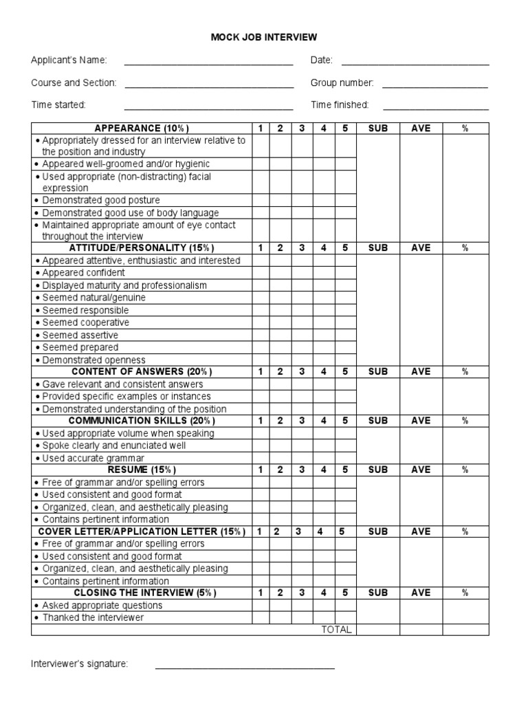 Mock Ob Interview Matrix PDF