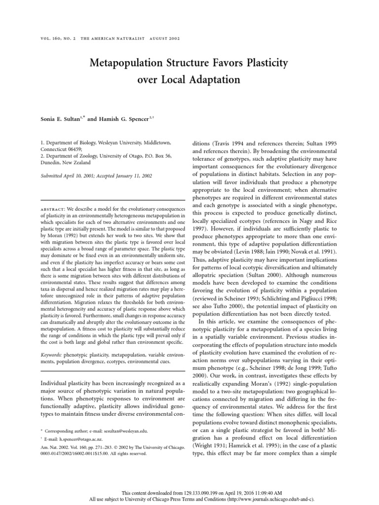 2002 Metapopulation Structure Favors Plasticity Over Local Adaptation