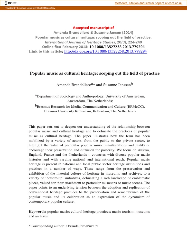 Popular Music As Cultural Heritage Scoping Out The Field of Practice ...