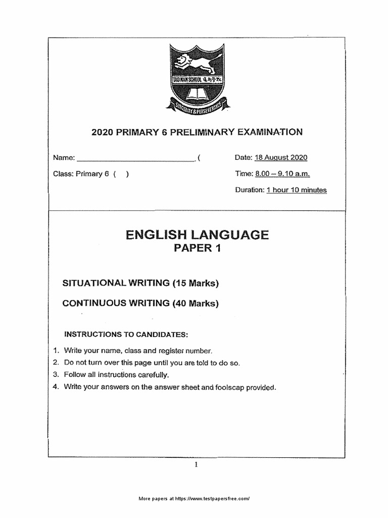 Done P6 English SA2 2020 Tao Nan Exam Papers PDF