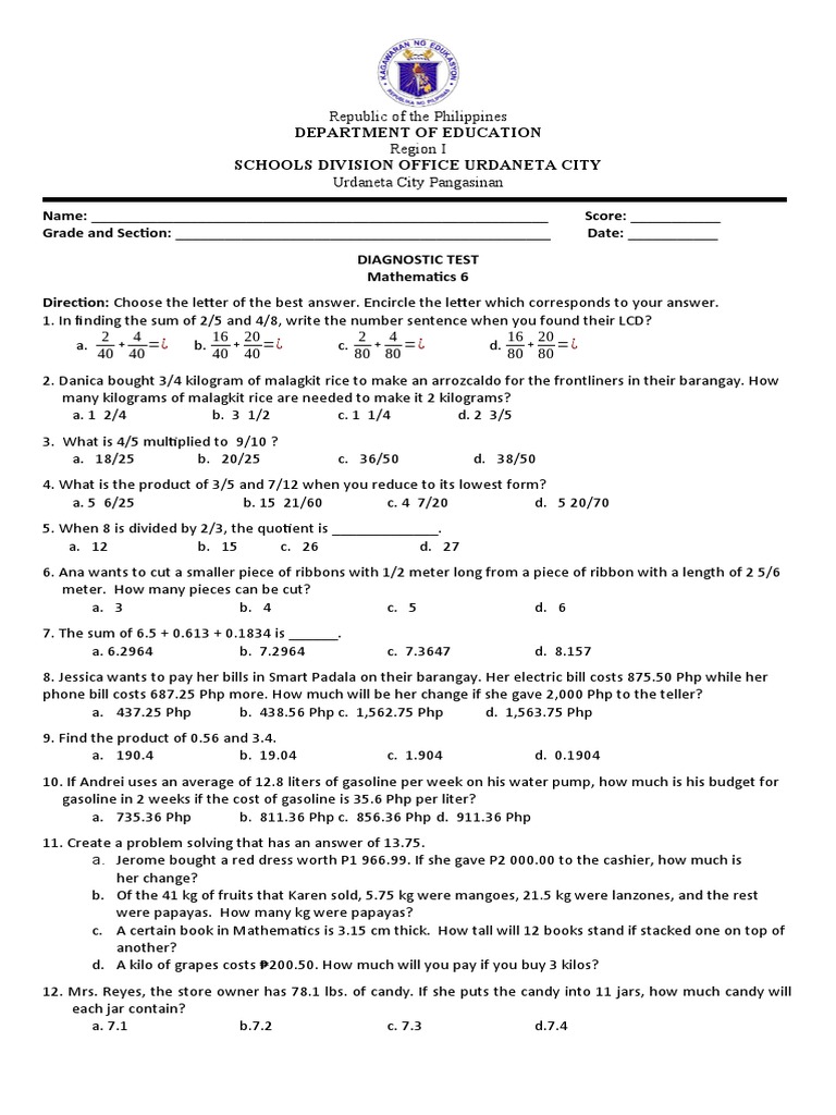 Diagnostic Test Mathematics 6 Pdf