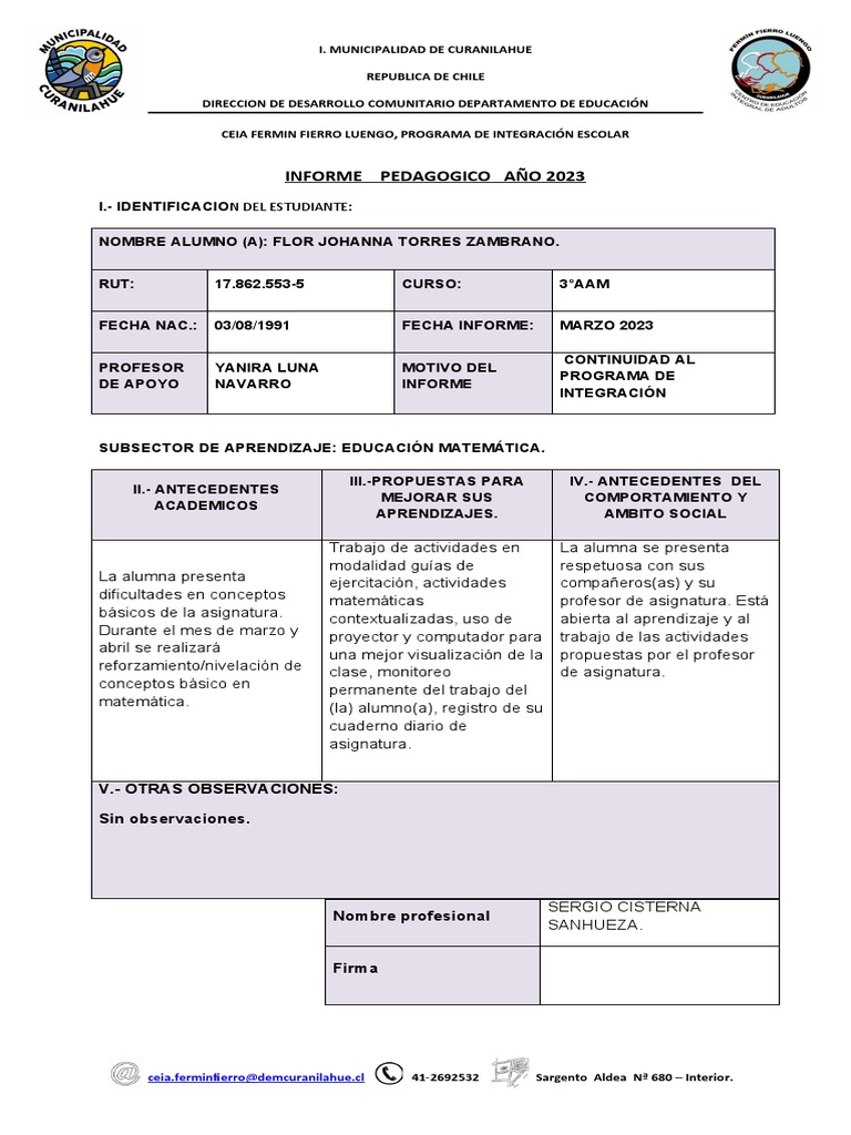 Informe Pedagogico 2023 Flor 2aam | PDF | Aprendizaje | Modificación de ...