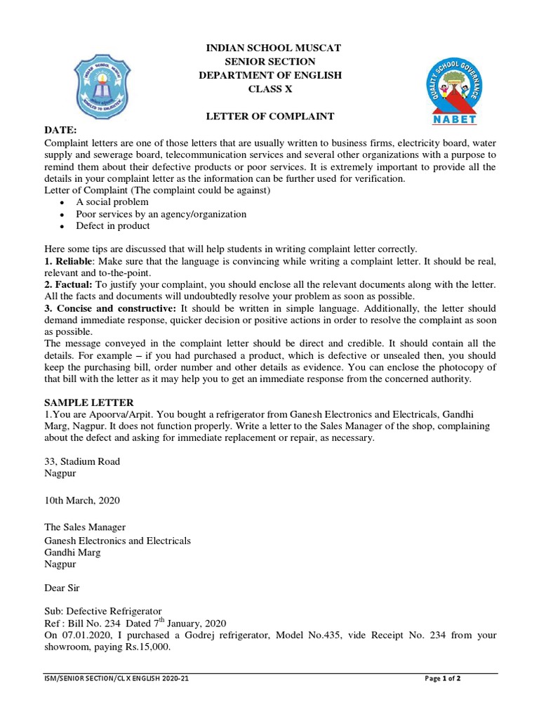 Class 10 Complaint Letter Template PDF