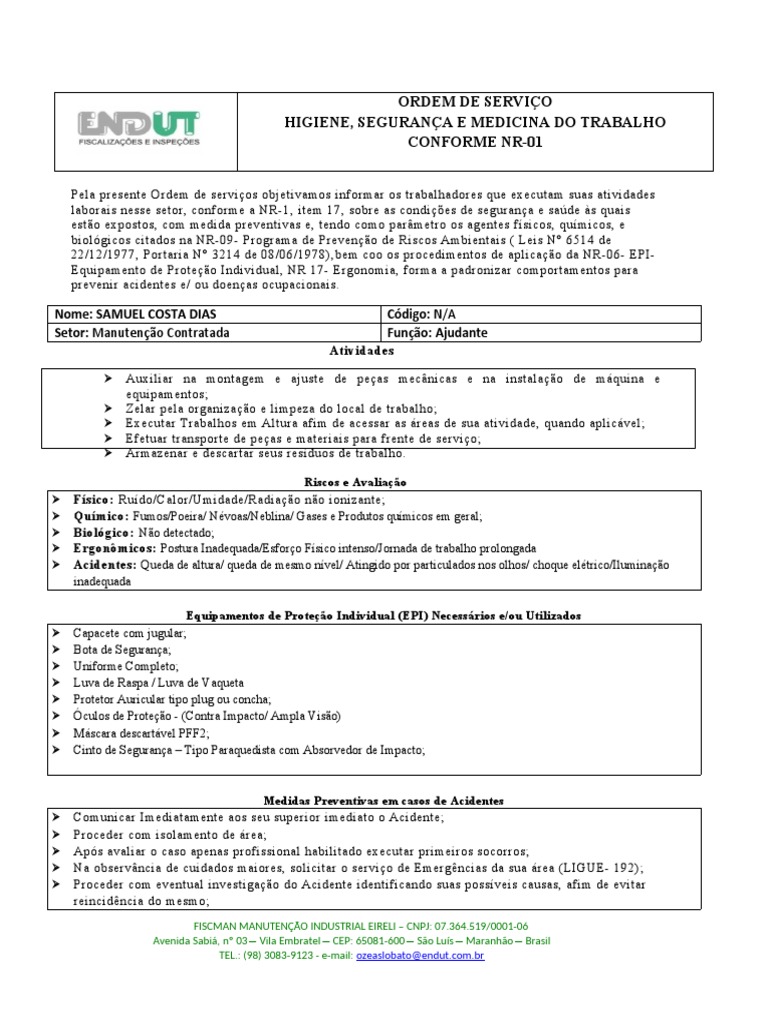 Ordem de Serviço Higiene, Segurança E Medicina Do Trabalho Conforme Nr ...