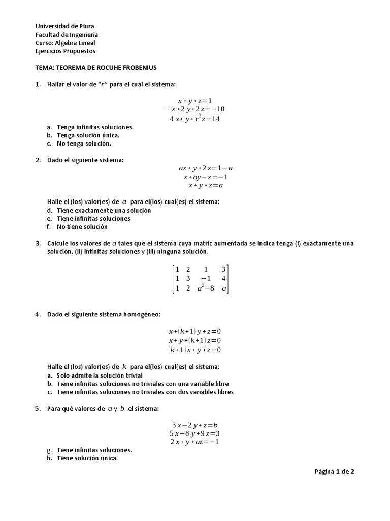 Ejercicios de Teorema de Rouché-Frobenius | PDF | Álgebra lineal ...