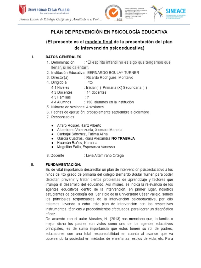 Modelo Plan de Intervención Oficial | PDF | Autoestima | Enseñando