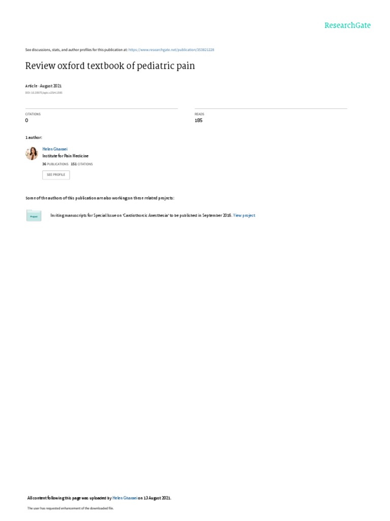 Review Oxford Textbook of Pediatric Pain August 2021 PDF Pain