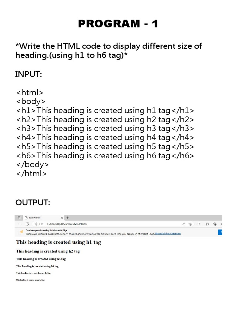 Program - 1: Write The HTML Code To Display Different Size of Heading ...