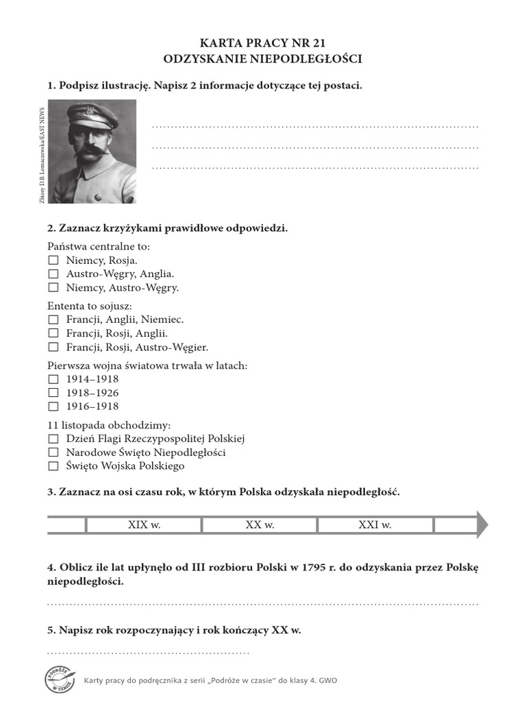 Podręcznik Do Historii Klasa 4 Podróże W Czasie Pdf Karta Pracy NR 21 Odzyskanie Niepodległości: Karty Pracy Do Podręcznika