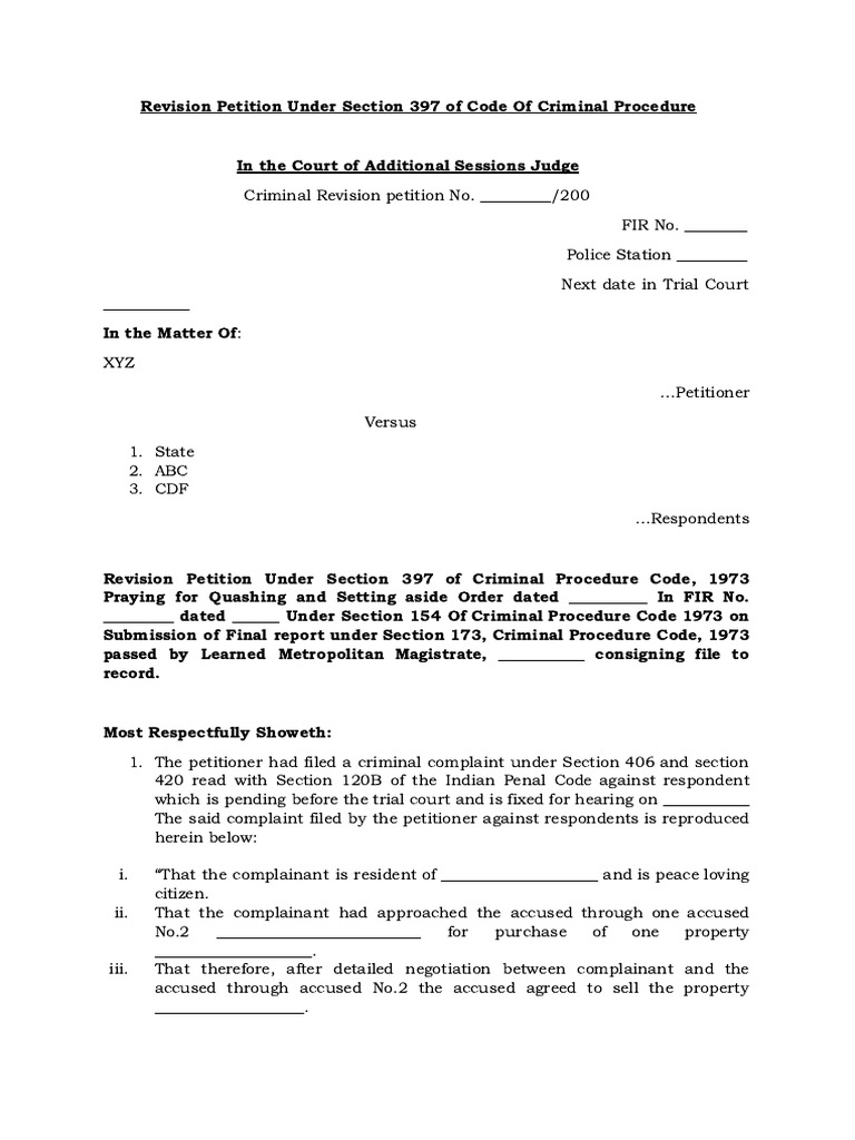 Revision petition under section 397 of code of criminal procedure pdf