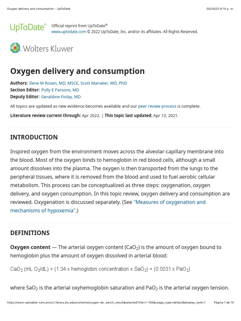 Oxygen Delivery and Consumption - UpToDate | PDF | Medical Specialties ...