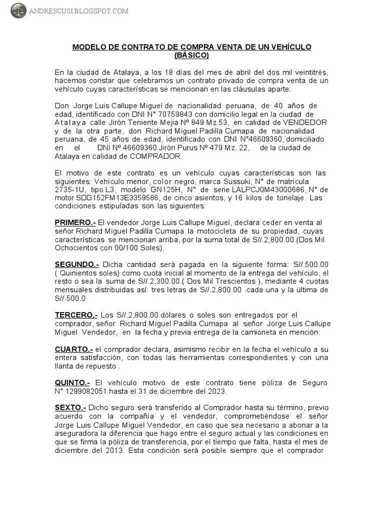 Modelo de Contrato de Compra Venta de Un Vehiculo | PDF | Negocios ...