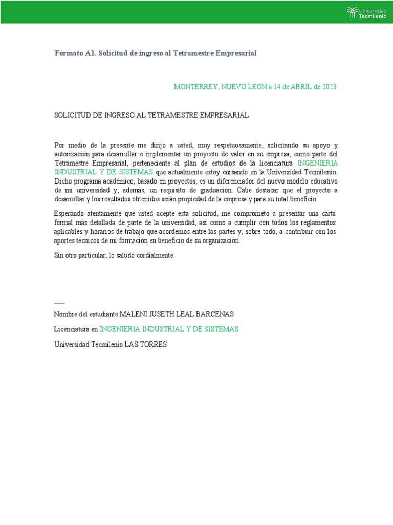 Solicitud de Ingreso al Tetramestre A1 | PDF | Finanzas y dinero