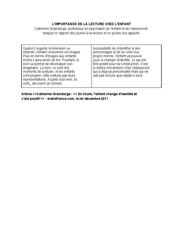 L'importance de la lecture chez l'enfant | PDF