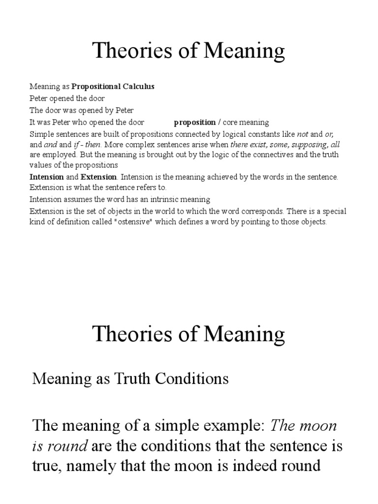 Theories of Meaning Intension and Extension. Intension Is The Meaning