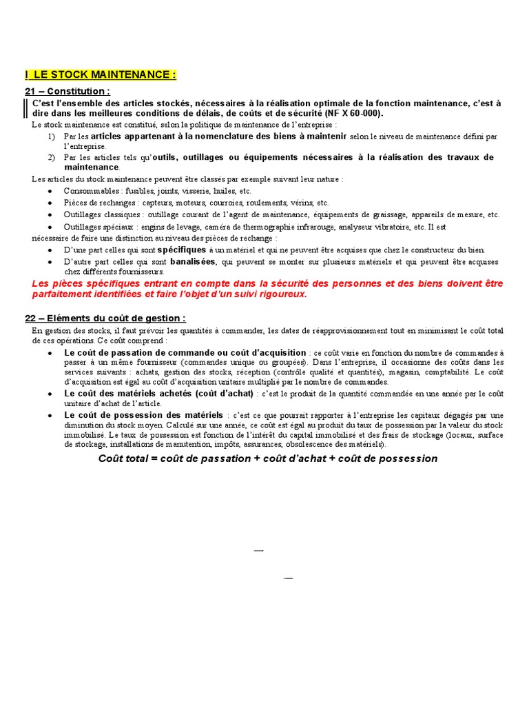 Gestion des stocks de maintenance expliquée | PDF