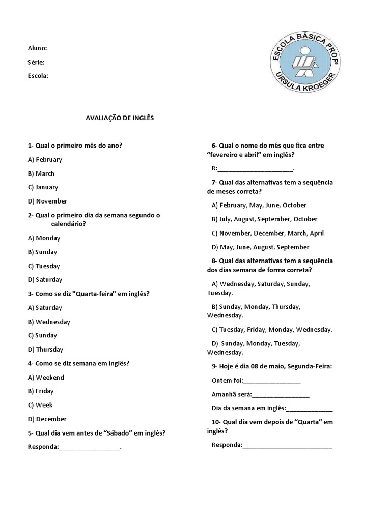 Prova de Ingles 4 Ano | PDF