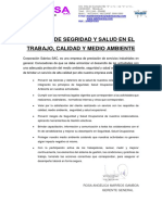 Política de Segridad Y Salud en El Trabajo, Calidad Y Medio Ambiente